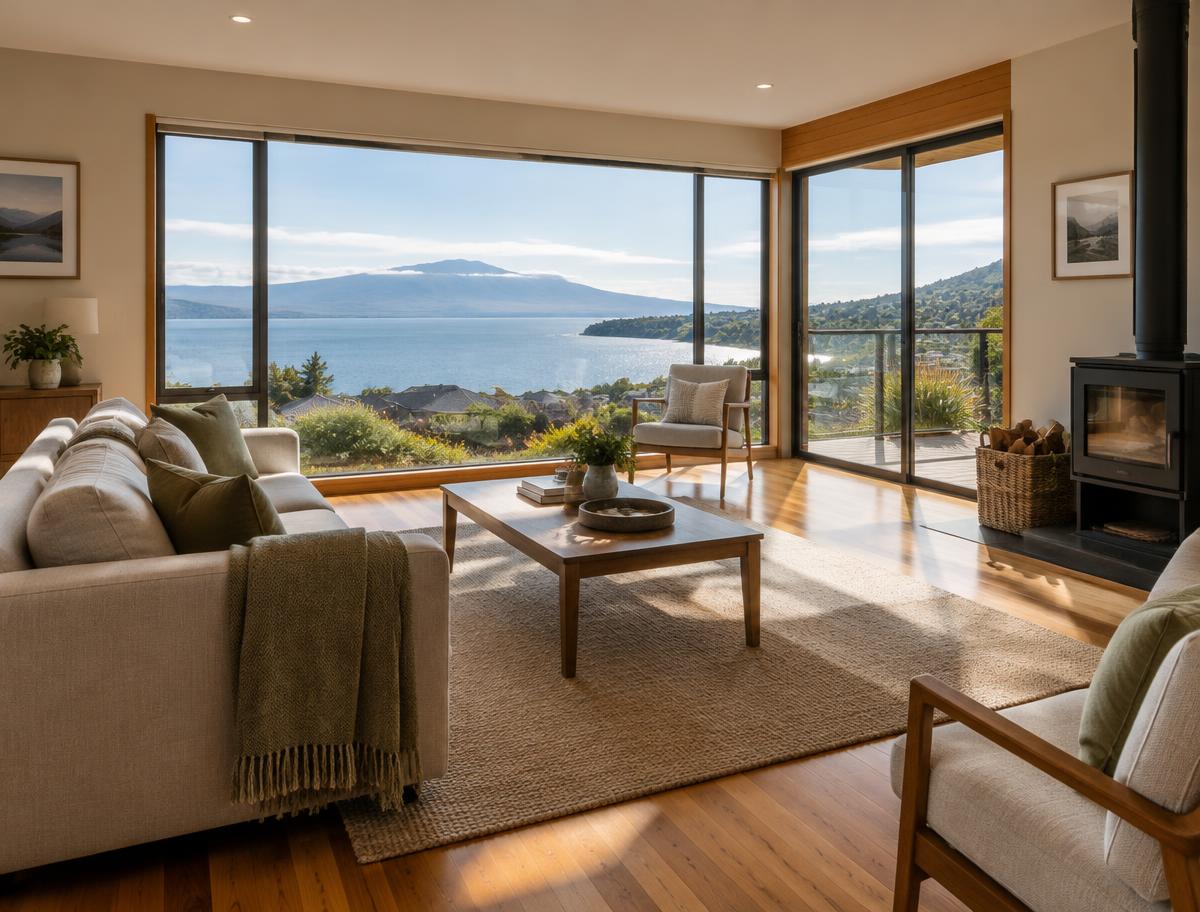 Living room with big windows to the lake