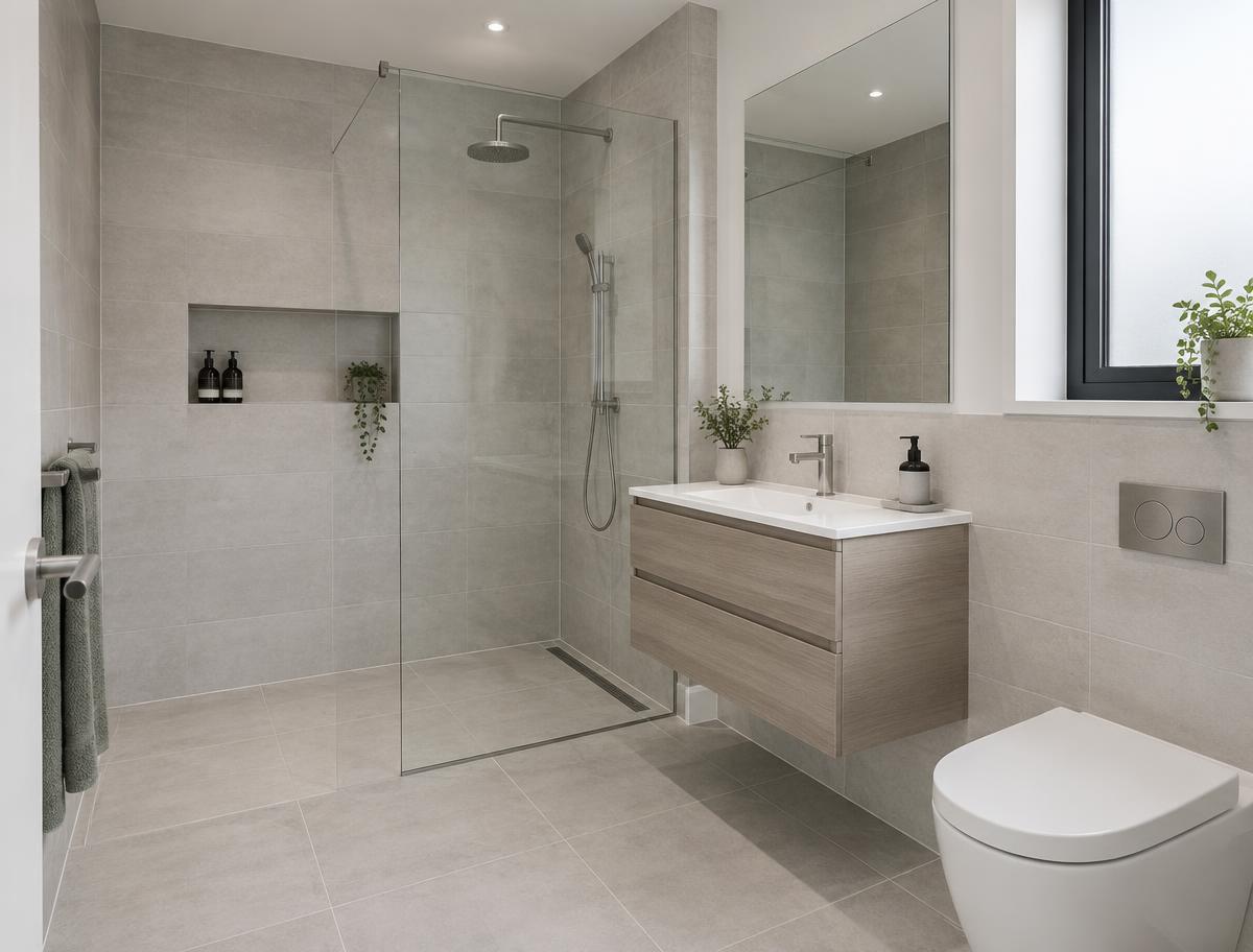 Tiled bathroom with walk-in shower