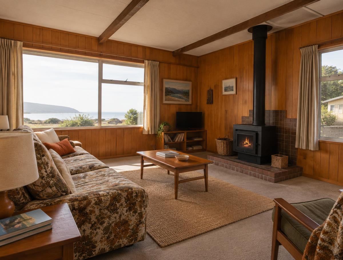 Wood-panelled lounge with a fire
