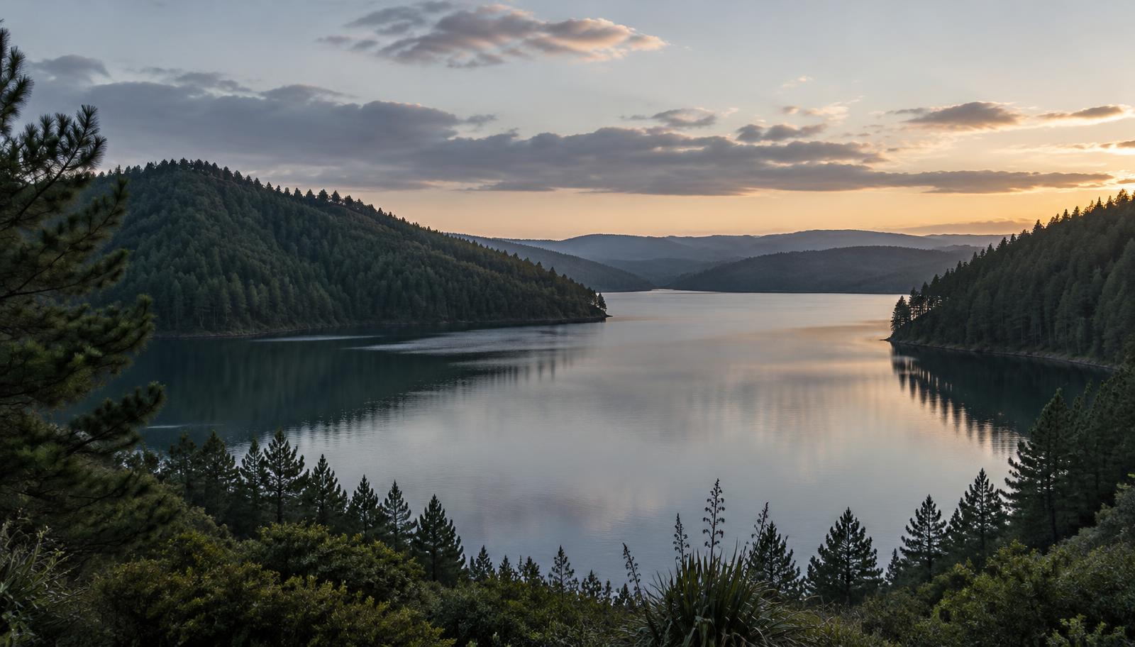 Lake Maraetai framed by pine forest