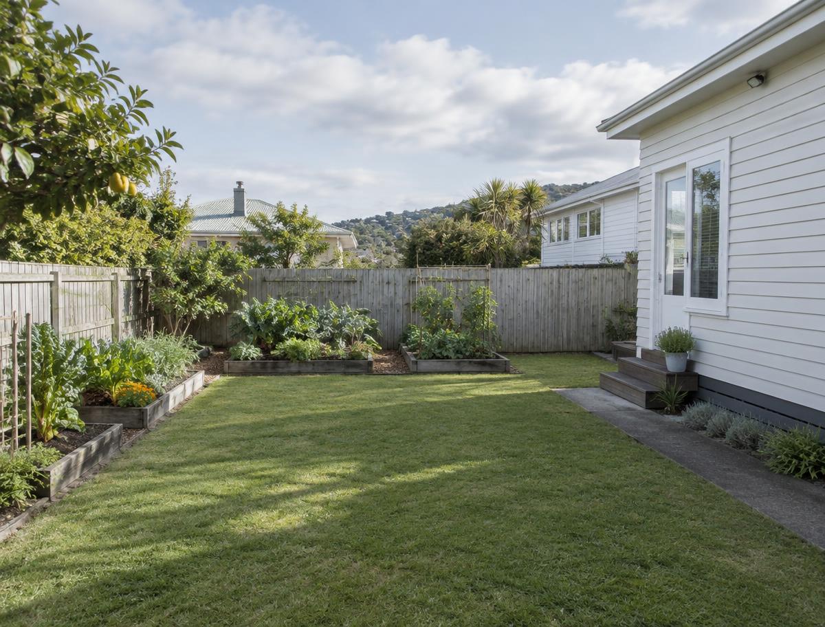 Fenced back yard with garden beds