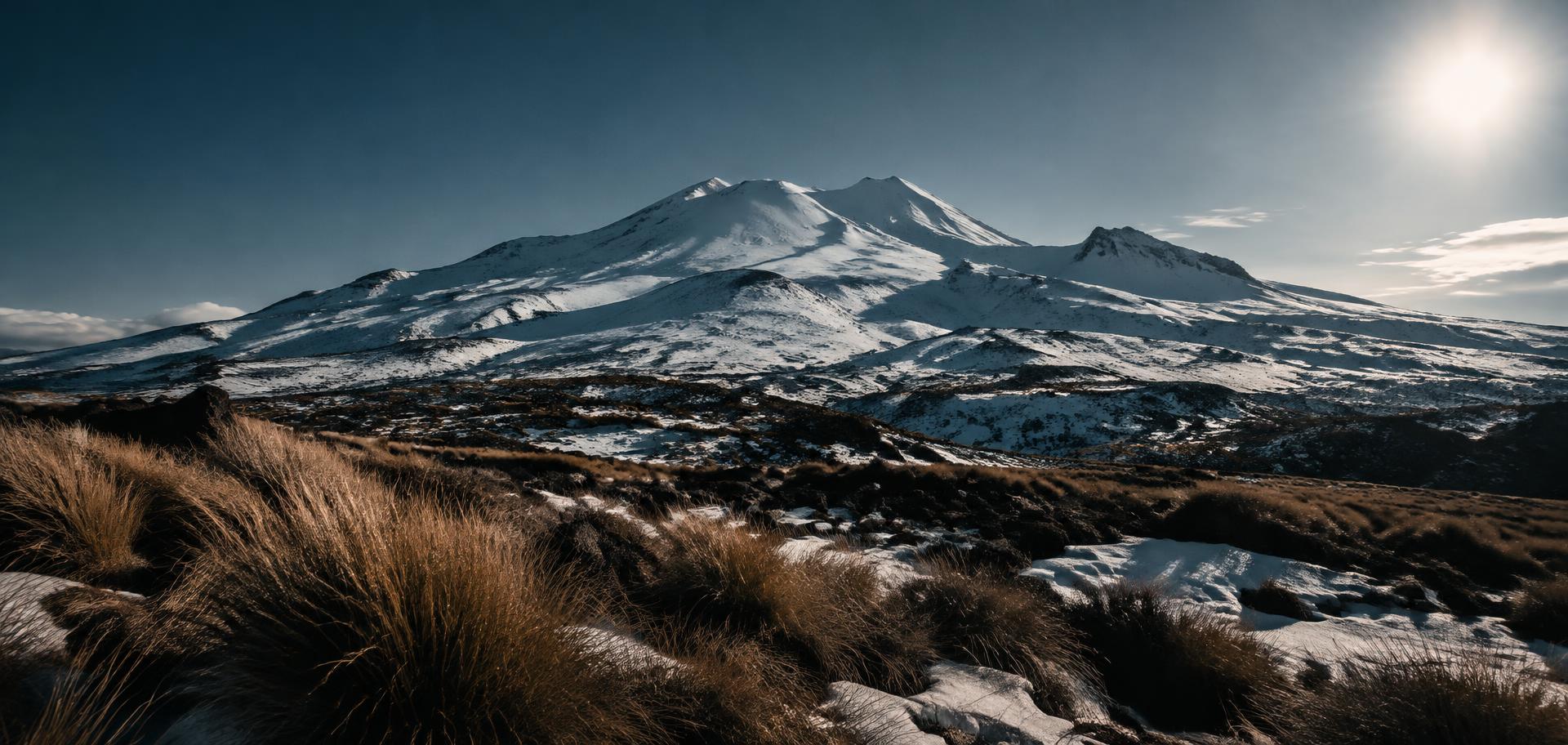 Snow on Mt Ruapehu above golden tussock