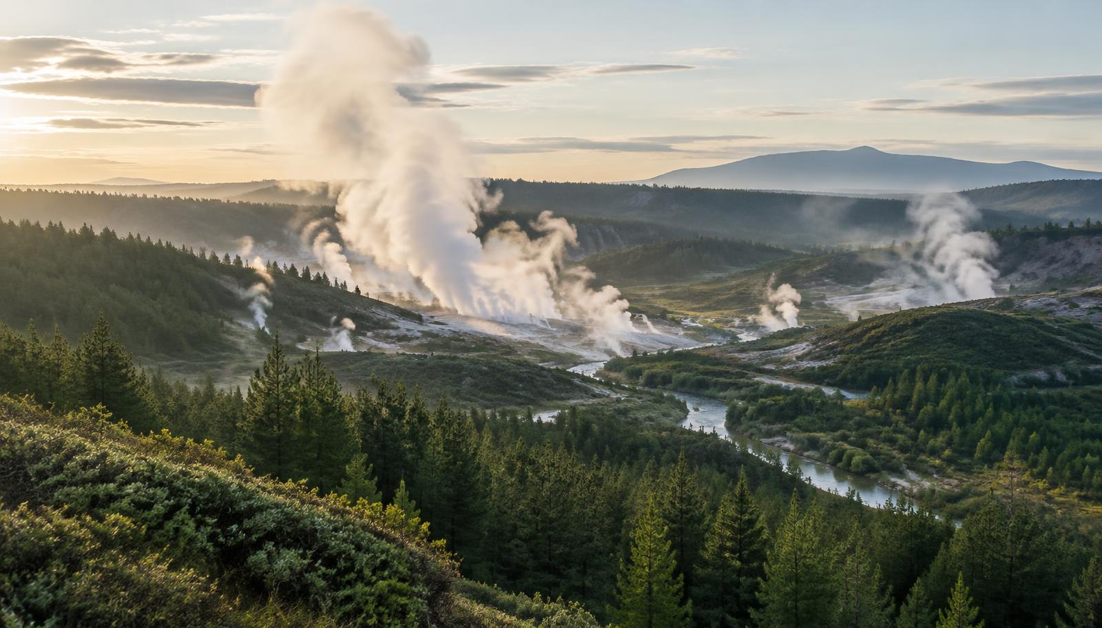 Geothermal steam over hills and forest